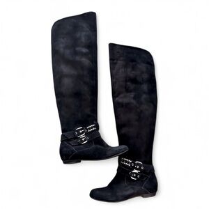 BCBG Christina Black Suede Tall Small Heel Embellished Boots Size 8/ Mid Weight